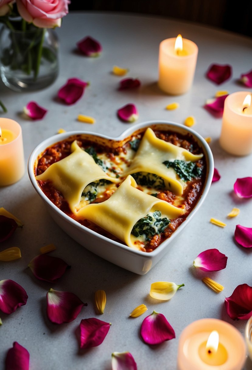 A heart-shaped dish of spinach and cheese manicotti surrounded by scattered rose petals on a candlelit table