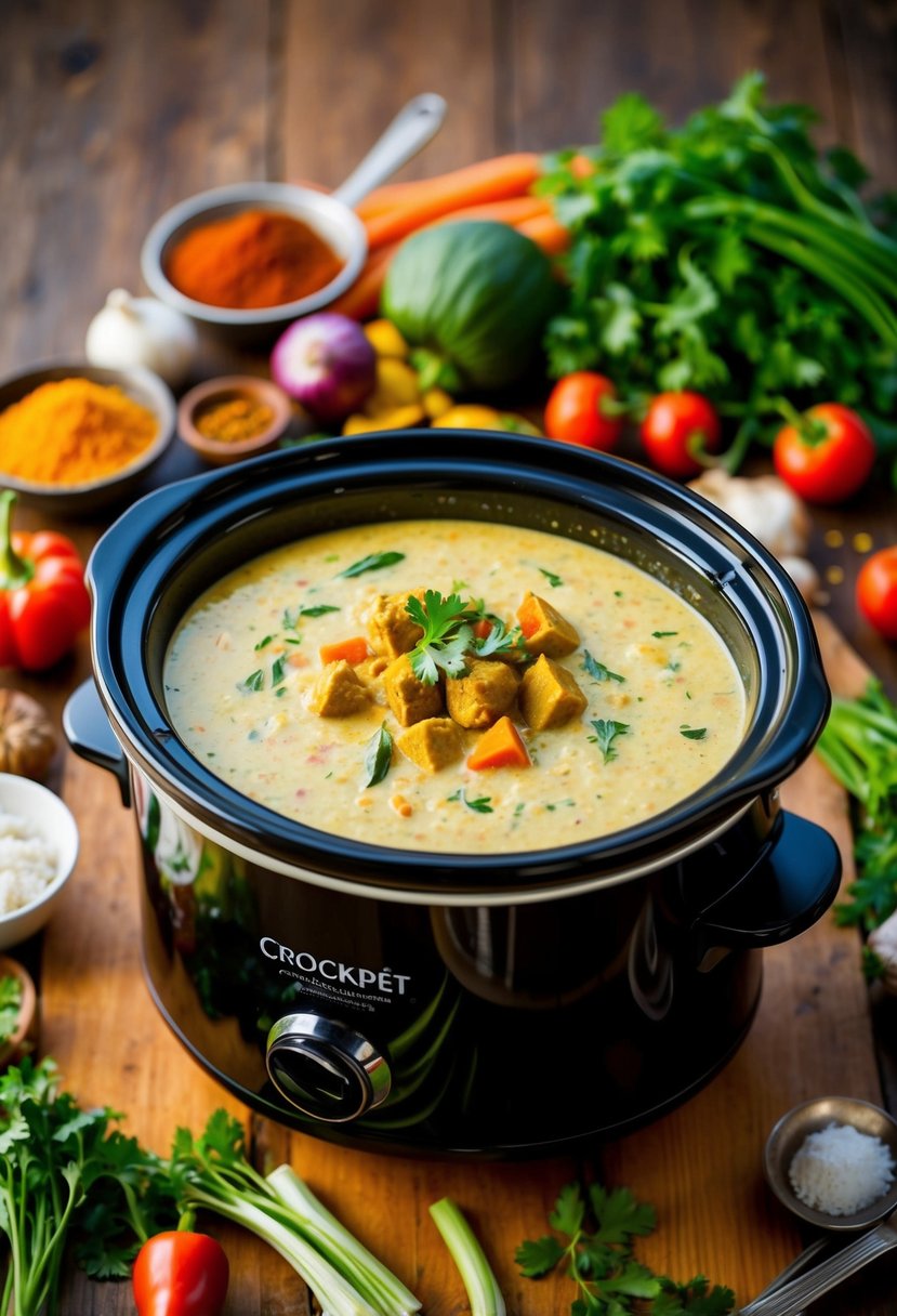 A crockpot filled with creamy vegetarian korma surrounded by fresh vegetables and aromatic spices