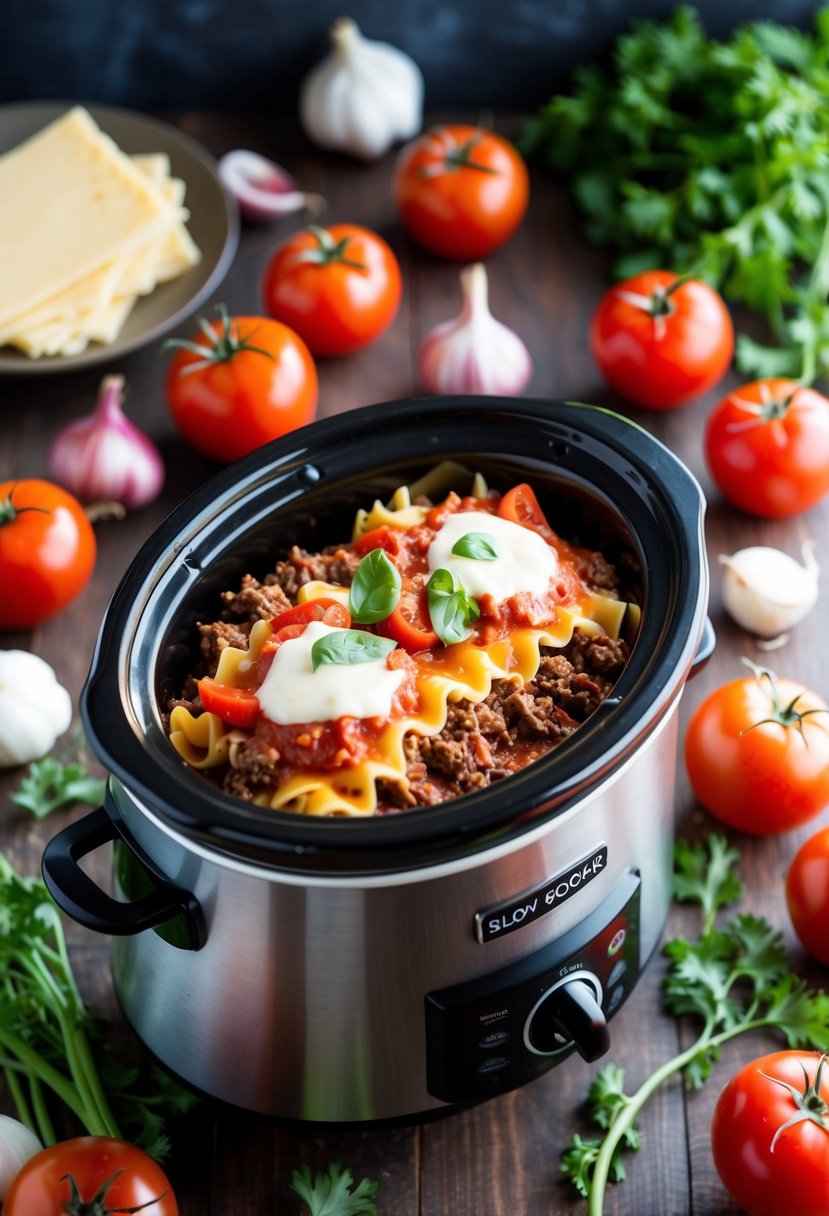 A slow cooker filled with layers of ground beef, cheese, and lasagna noodles, surrounded by fresh tomatoes, onions, and garlic