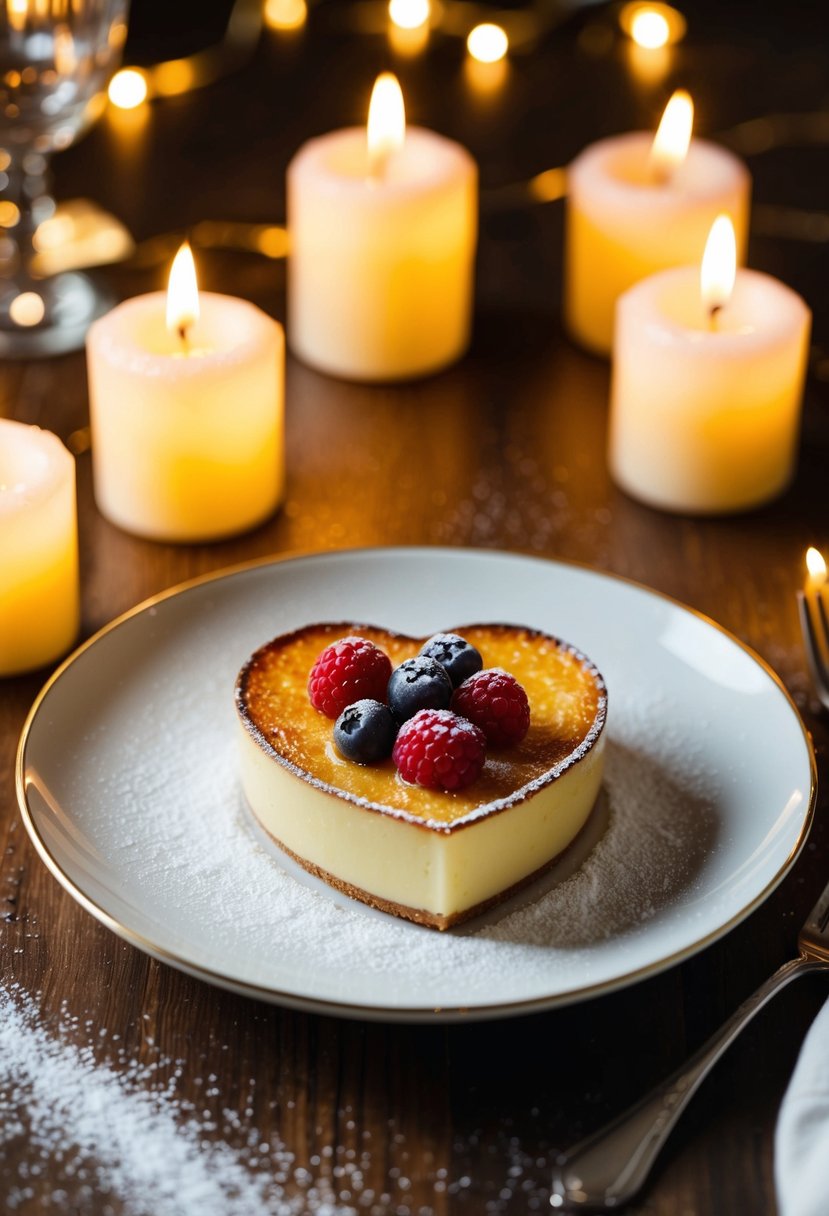 A heart-shaped Crème Brûlée sits on a delicate plate, adorned with fresh berries and a sprinkling of powdered sugar, surrounded by flickering candlelight