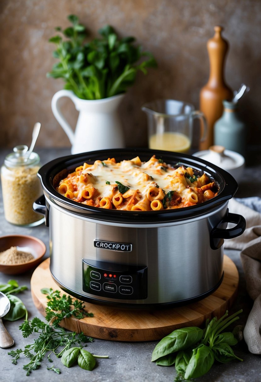 A bubbling crockpot filled with creamy spinach baked ziti, surrounded by fresh ingredients and herbs on a rustic kitchen counter