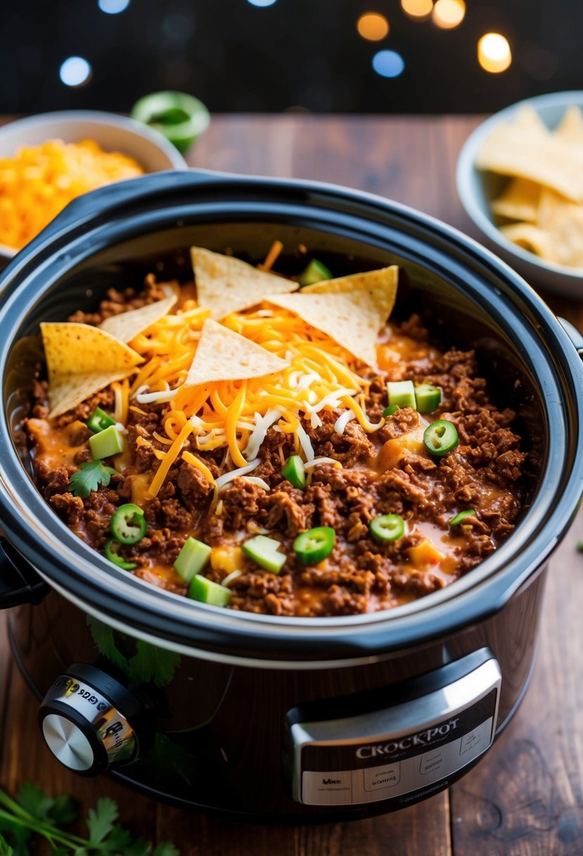 A crockpot filled with layers of taco casserole ingredients, including seasoned ground beef, cheese, and tortilla chips, ready to be cooked