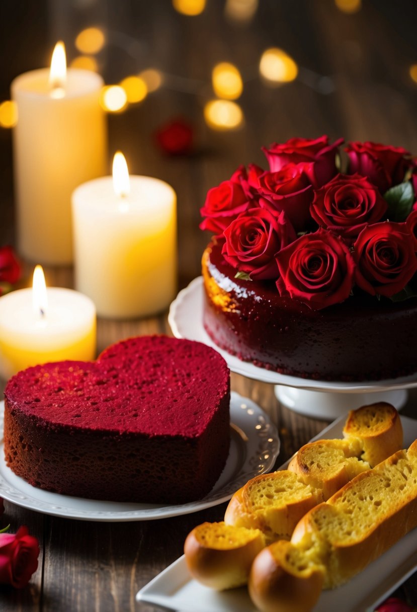 A heart-shaped red velvet cake sits beside a platter of golden-brown garlic bread, both adorned with romantic red roses and surrounded by flickering candlelight