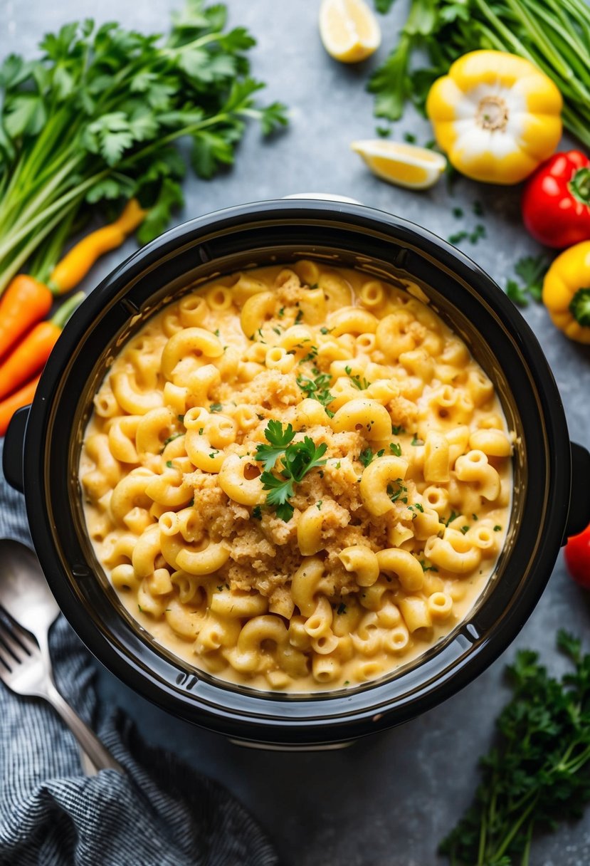 A bubbling crockpot filled with creamy mac and cheese, surrounded by colorful vegetables and herbs