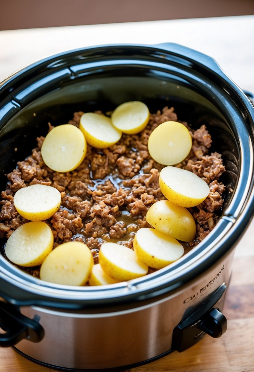 Sizzling ground beef and sliced potatoes layering in a bubbling crockpot