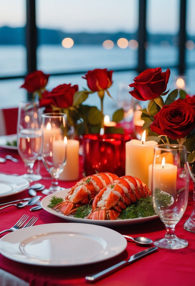 A romantic dinner table set with lobster tails, candles, and red roses