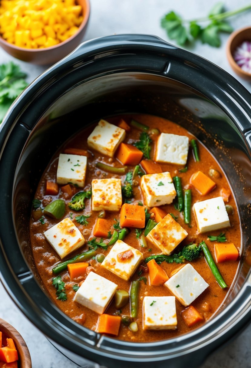 A colorful array of fresh vegetables and paneer cubes simmering in a rich, aromatic tikka masala sauce inside a steaming crockpot