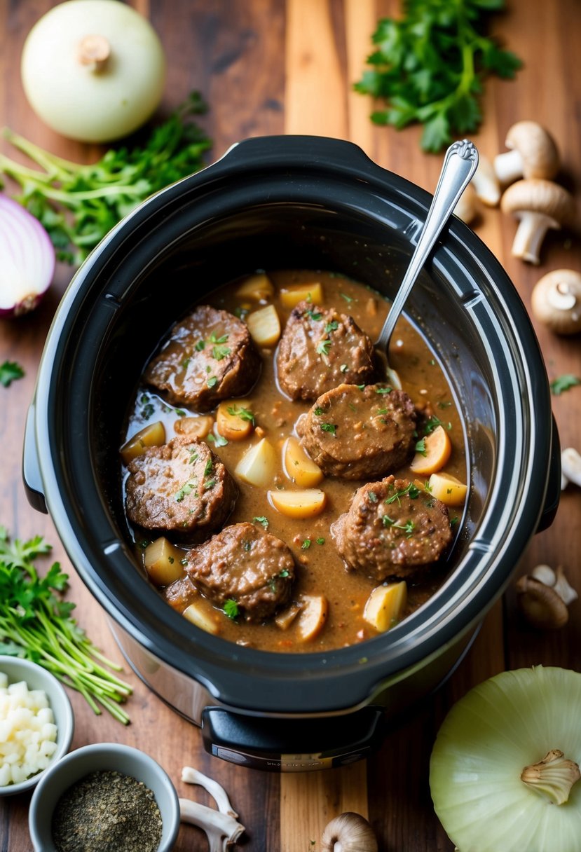 A crockpot filled with simmering Salisbury steak and gravy, surrounded by fresh ingredients like onions, mushrooms, and herbs