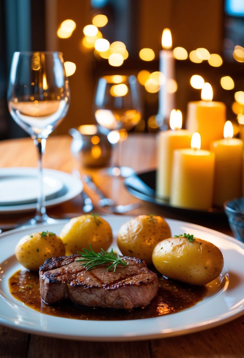 A sizzling steak and golden-brown potatoes arranged on a romantic dinner table with flickering candlelight