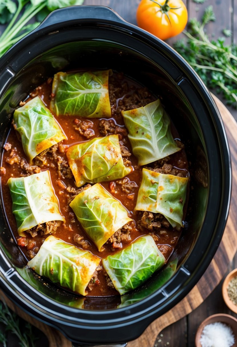 A crockpot filled with stuffed cabbage rolls simmering in a savory ground beef and tomato sauce, surrounded by aromatic herbs and spices