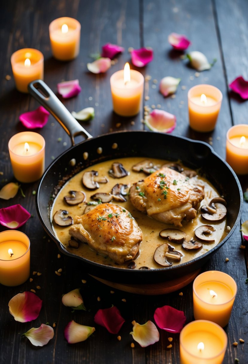 A sizzling skillet holds creamy brown butter mushroom chicken, surrounded by scattered rose petals and lit candles