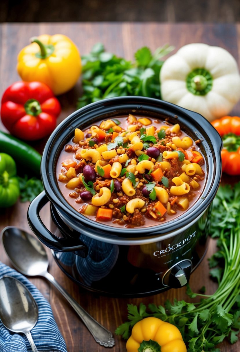 A bubbling crockpot filled with hearty vegetarian chili mac, surrounded by fresh vegetables and herbs