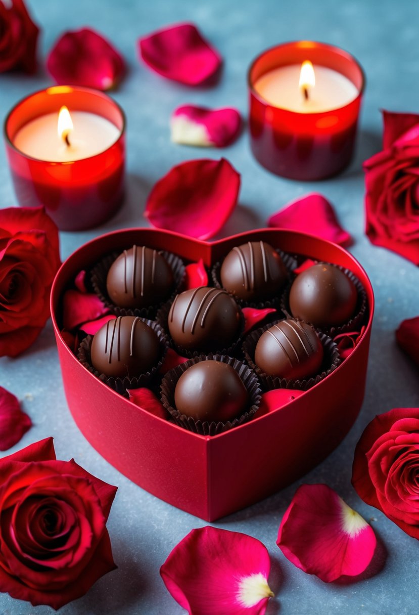 A heart-shaped box filled with chocolate truffles surrounded by rose petals and candles