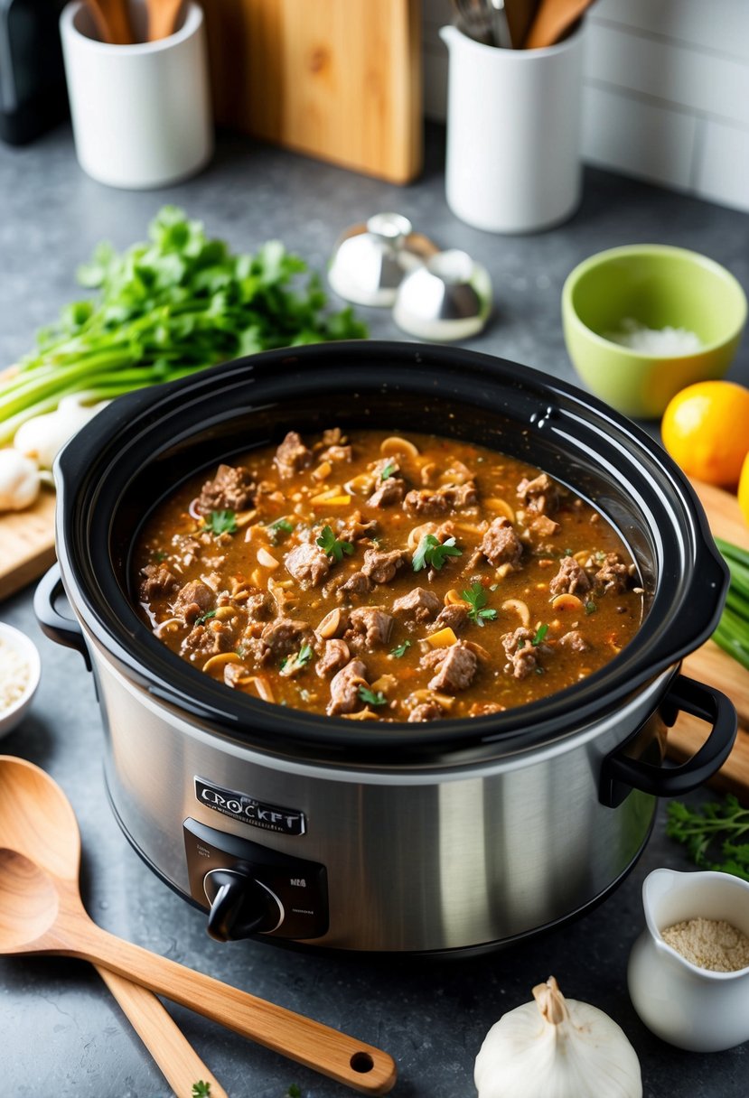 A crockpot filled with simmering ground beef stroganoff, surrounded by fresh ingredients and cooking utensils on a kitchen counter