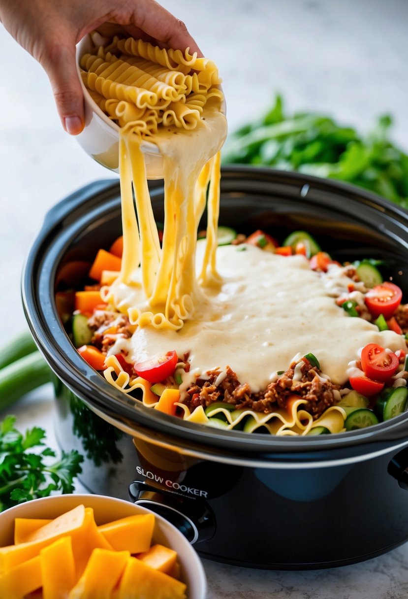 A colorful array of fresh vegetables being layered with lasagna noodles and creamy cheese sauce in a slow cooker