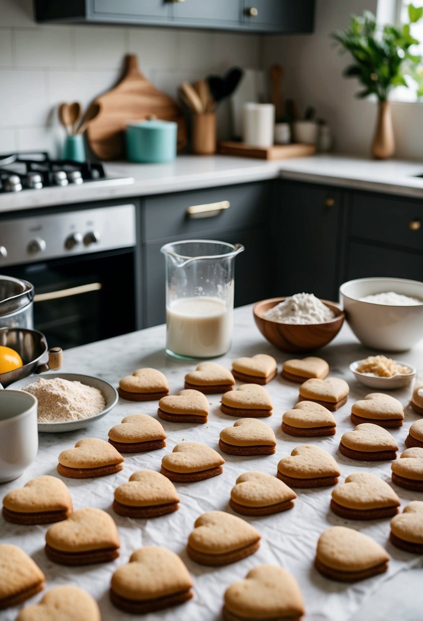 A kitchen table covered in heart-shaped cookies, surrounded by ingredients and utensils for baking