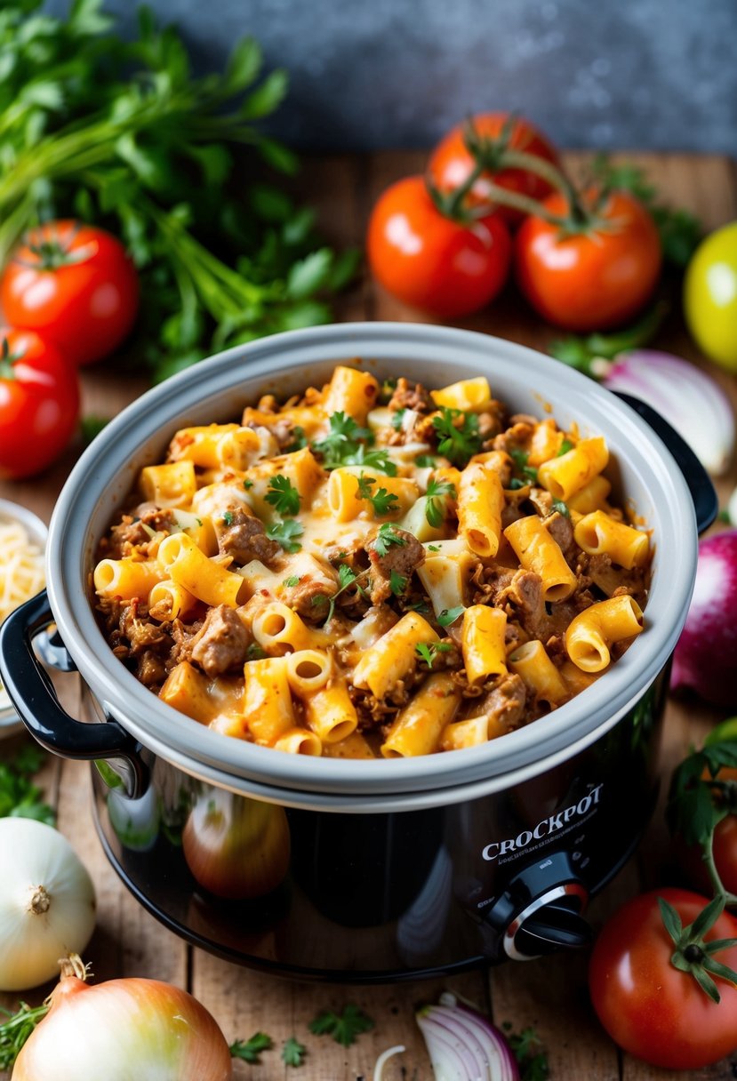 A bubbling crockpot filled with cheesy beef and pasta casserole, surrounded by fresh ingredients like tomatoes, onions, and herbs