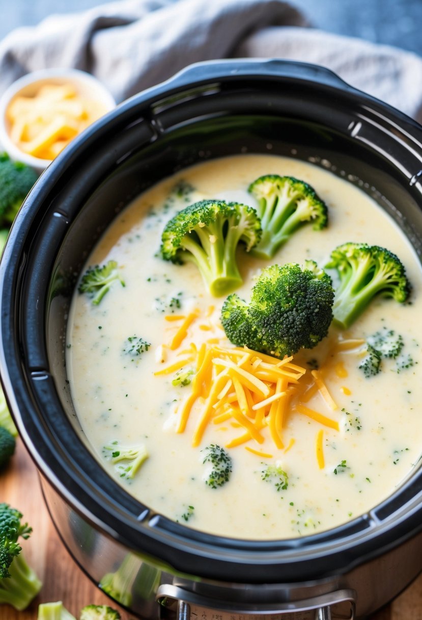 A steaming crockpot filled with creamy broccoli cheese soup surrounded by fresh broccoli florets and a sprinkle of shredded cheese