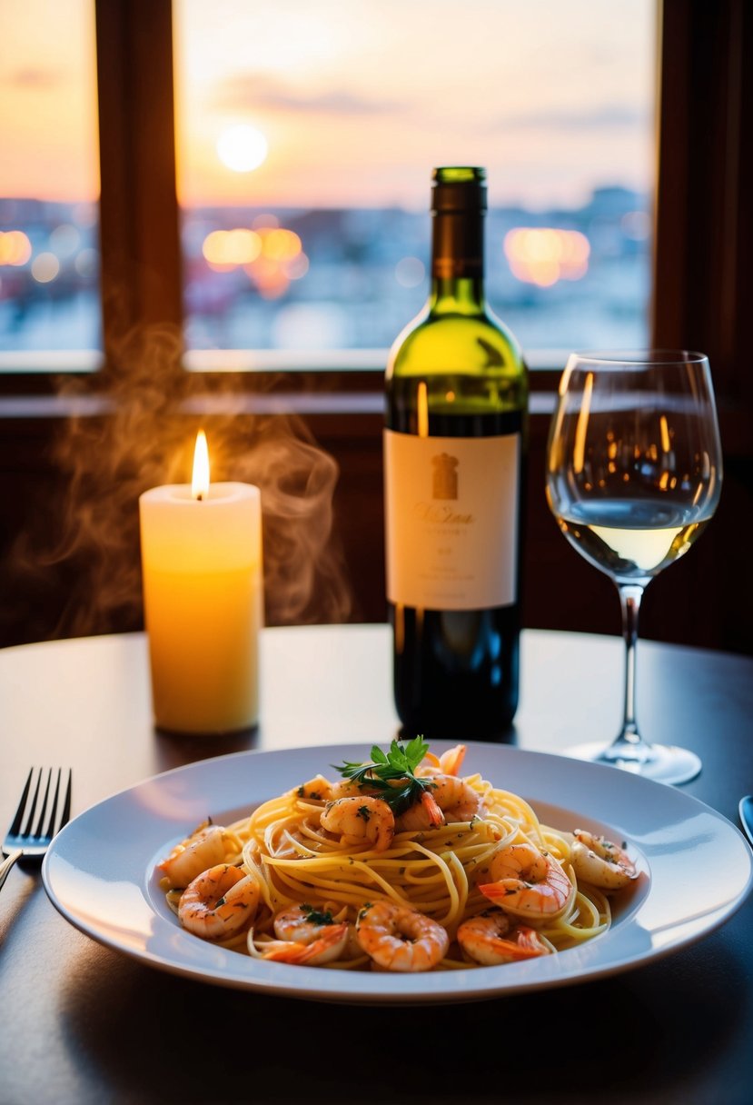 A steaming plate of seafood pasta sits on a candlelit table with a bottle of wine and two glasses