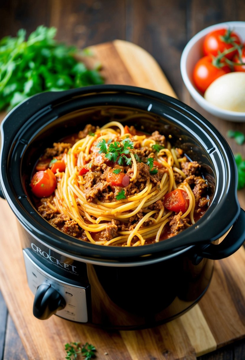 A crockpot filled with simmering spaghetti bolognese, with ground beef, tomatoes, and aromatic herbs