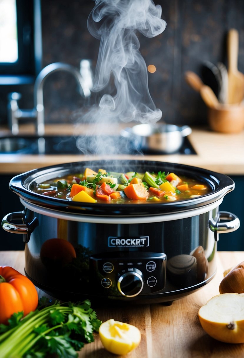 A bubbling crockpot filled with colorful vegetables and savory broth, steam rising from the pot as the aroma of hearty stew fills the kitchen