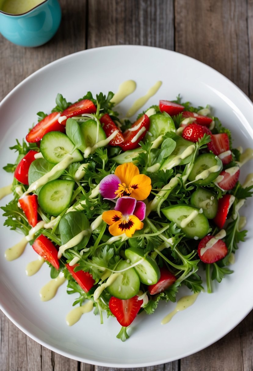 A heart-shaped salad made of vibrant red and green ingredients arranged on a white plate, garnished with edible flowers and drizzled with a light vinaigrette