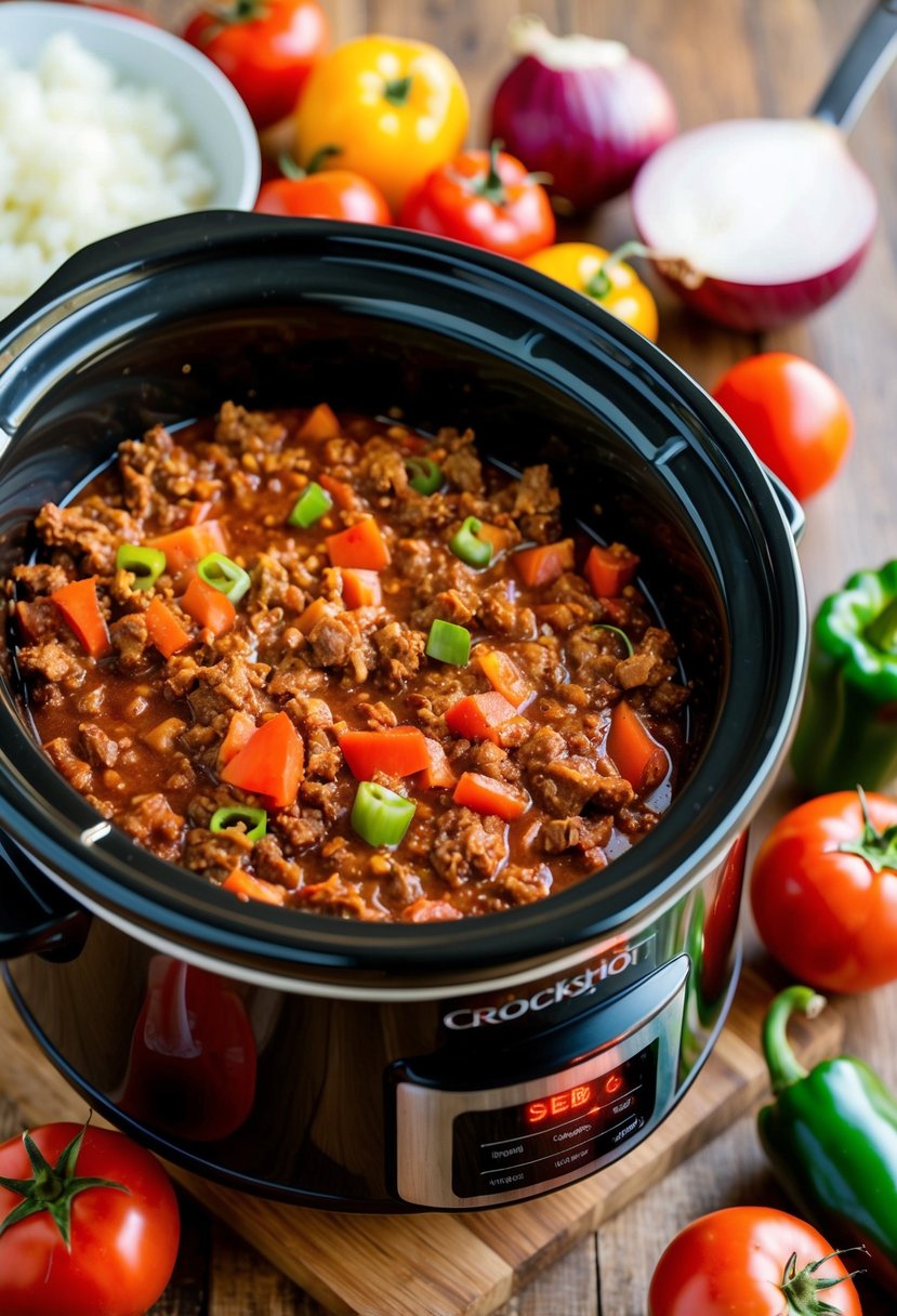 A crockpot filled with simmering ground beef enchilada filling, surrounded by colorful ingredients like tomatoes, onions, and peppers