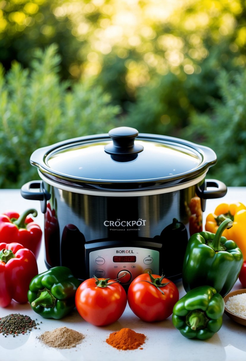 A crockpot surrounded by fresh bell peppers, tomatoes, and spices