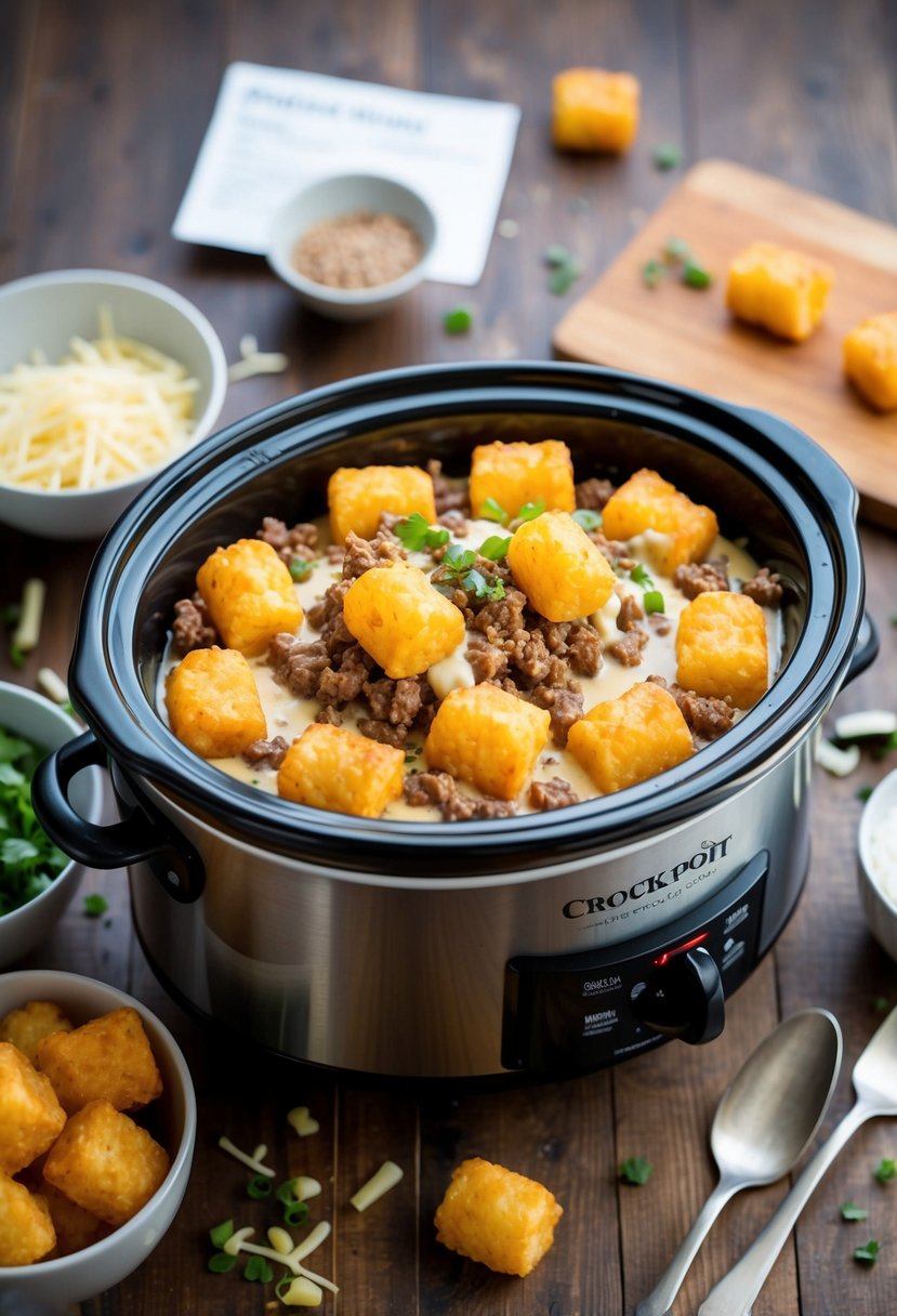 A crockpot filled with layers of tater tots, ground beef, and creamy sauce, surrounded by scattered ingredients and a recipe card