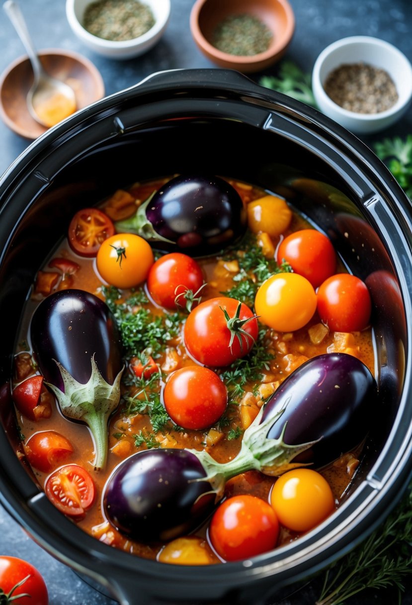 A colorful medley of eggplants and tomatoes simmering in a crockpot, surrounded by various herbs and spices