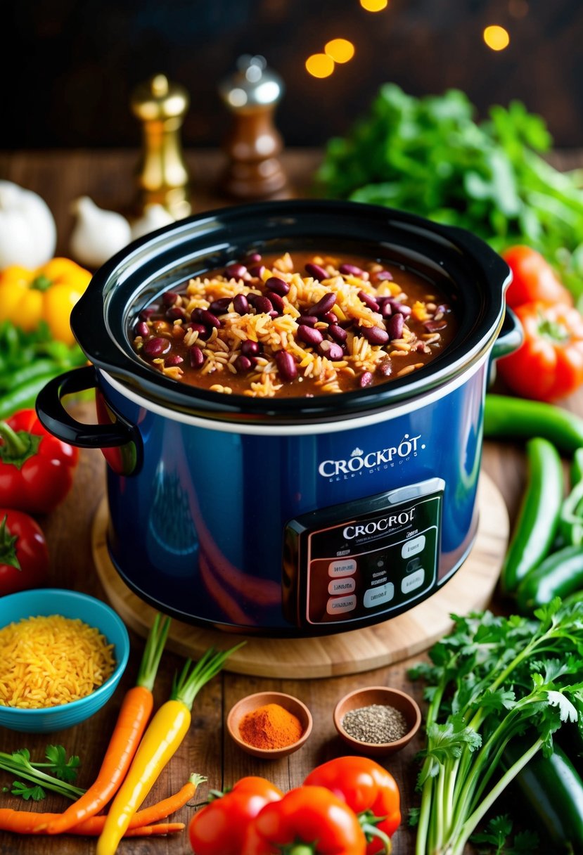 A colorful crockpot filled with red beans and rice, surrounded by fresh vegetables and spices