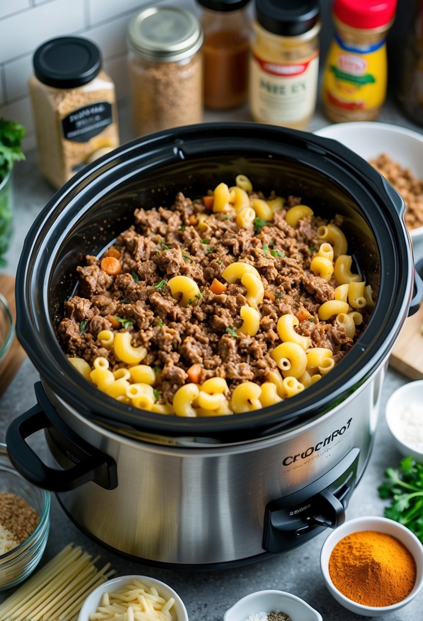 A crockpot filled with simmering ground beef and macaroni, surrounded by various ingredients and spices on a kitchen counter