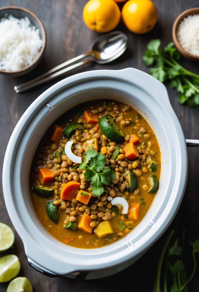 A bubbling crockpot filled with vibrant lentils, colorful vegetables, and aromatic coconut curry sauce