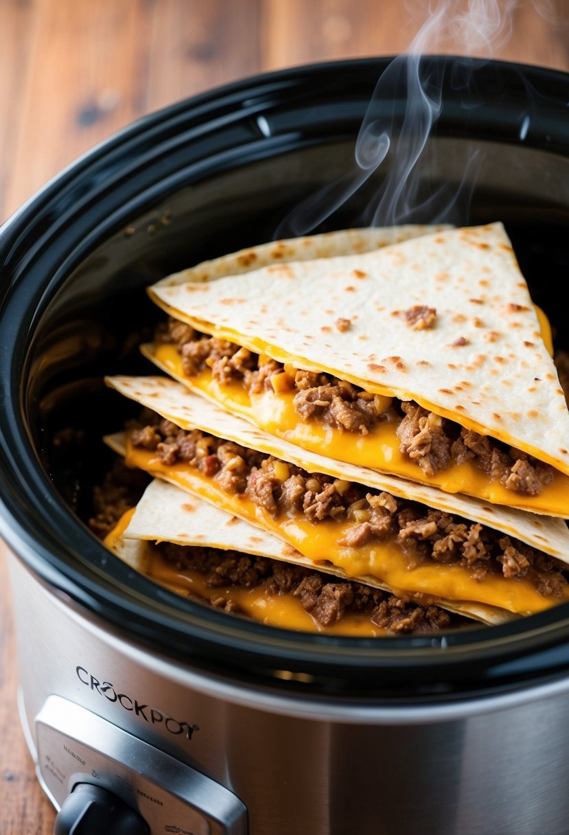 Ground beef and cheese filling layered between tortillas inside a crockpot, with steam rising from the hot, bubbling quesadillas