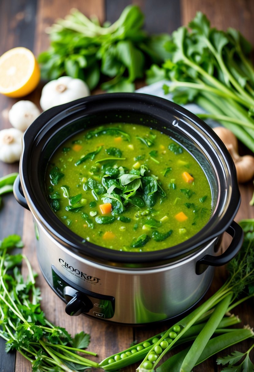 A bubbling crockpot filled with vibrant green spinach and pea soup, surrounded by fresh vegetables and herbs