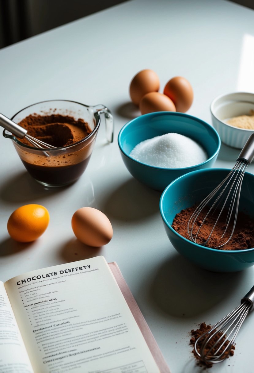 A table with ingredients like cocoa, sugar, and eggs, alongside a mixing bowl and whisk. A recipe book open to a page on chocolate desserts