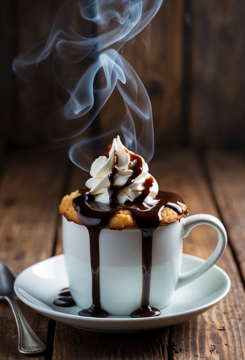 A steaming mug cake topped with chocolate sauce and a dollop of whipped cream on a rustic wooden table