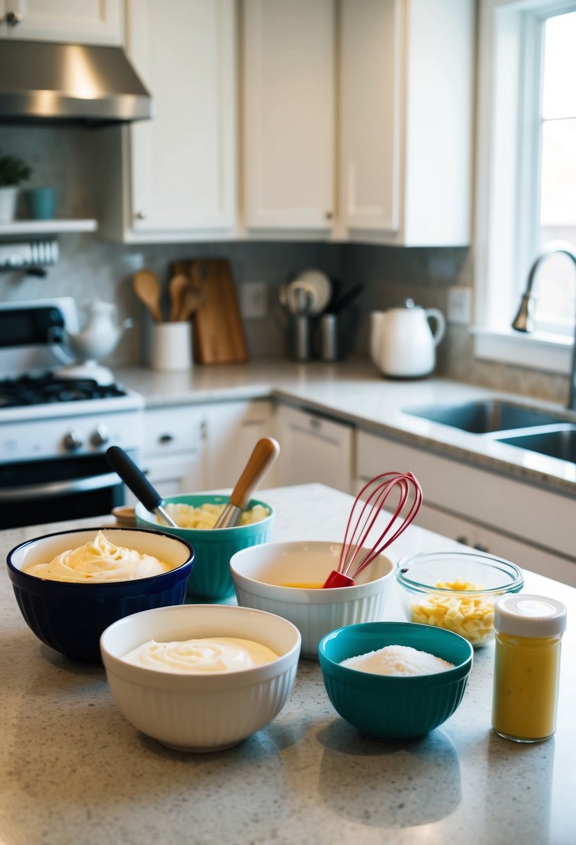 A kitchen counter with various bowls, ingredients, and mixing utensils for making frosting recipes