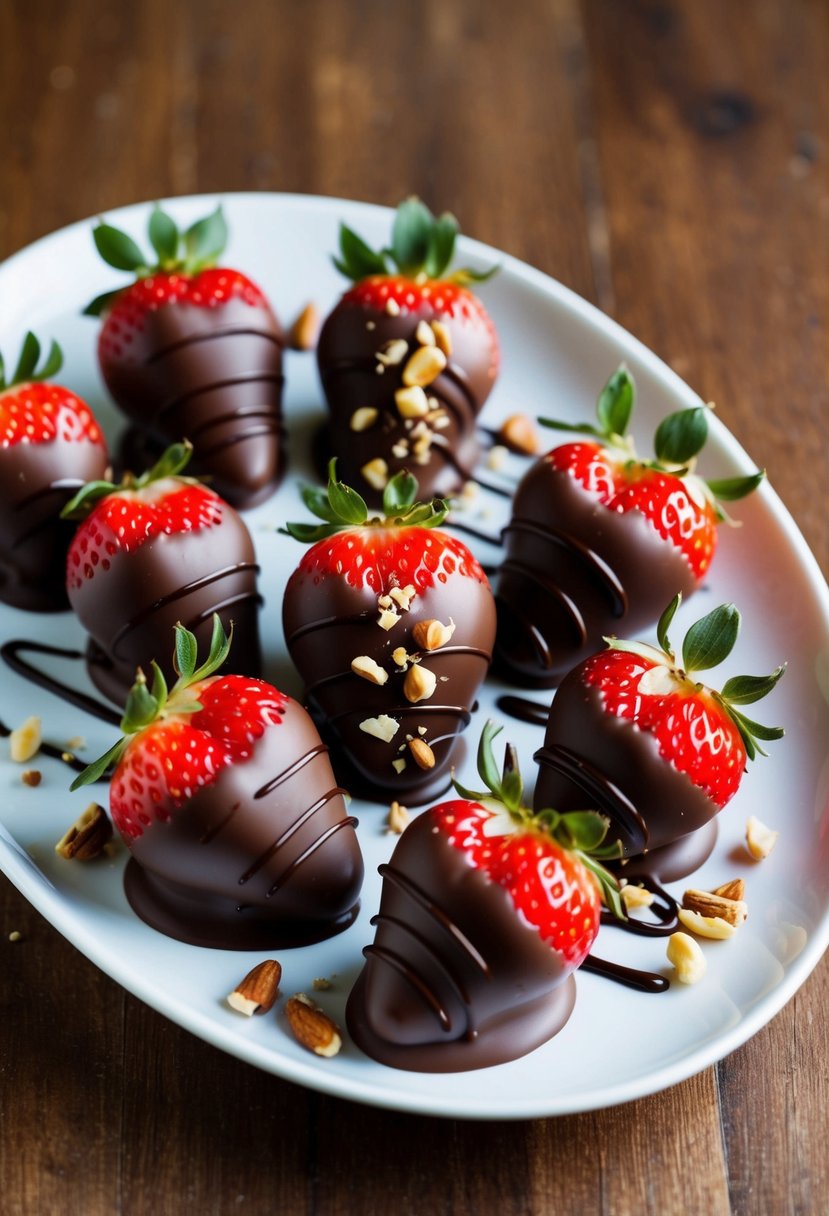 Fresh strawberries dipped in smooth, melted chocolate, arranged on a white plate. A drizzle of chocolate and a sprinkle of chopped nuts add a finishing touch