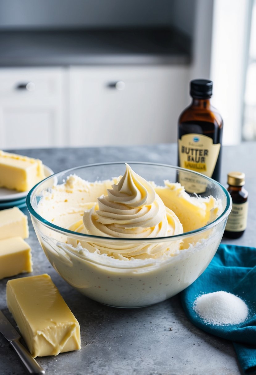 A mixing bowl filled with creamy vanilla buttercream frosting, surrounded by ingredients like butter, sugar, and vanilla extract on a kitchen counter