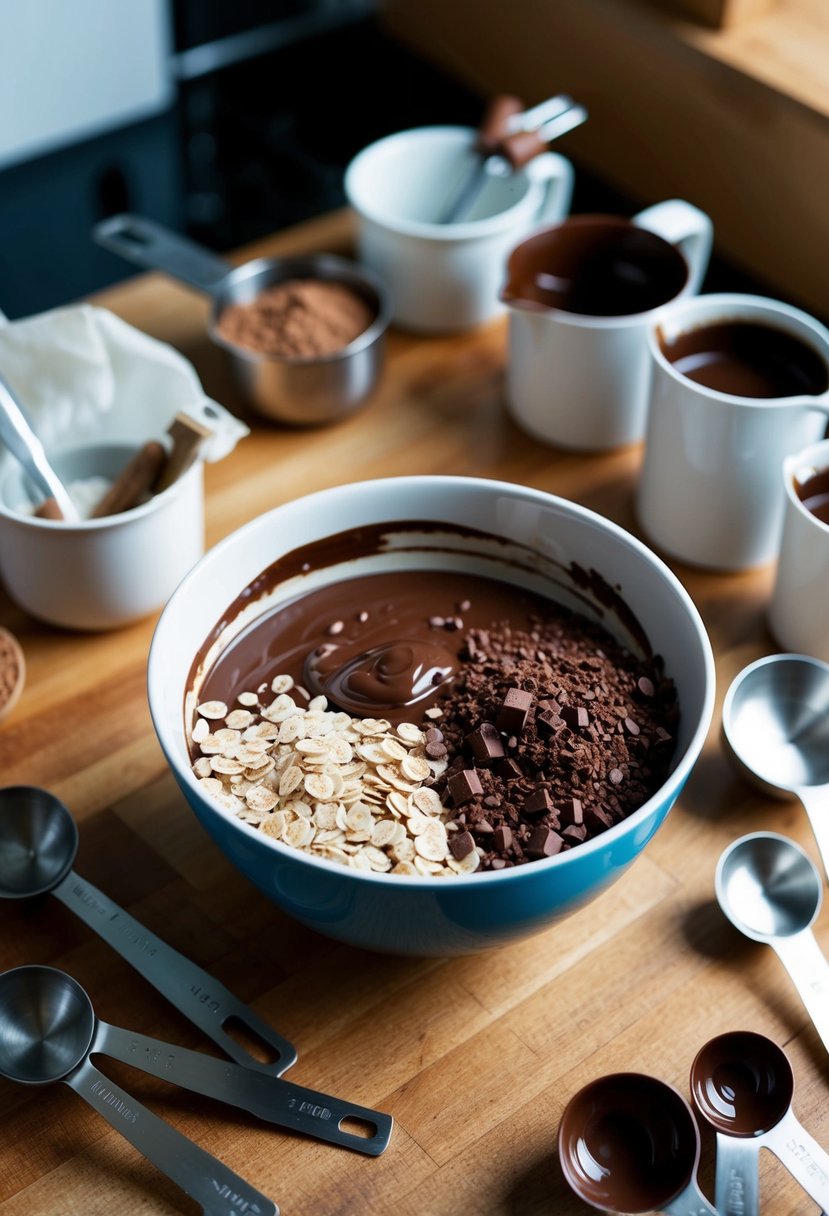 A mixing bowl filled with cocoa, oats, and melted chocolate, surrounded by measuring cups and spoons on a kitchen counter