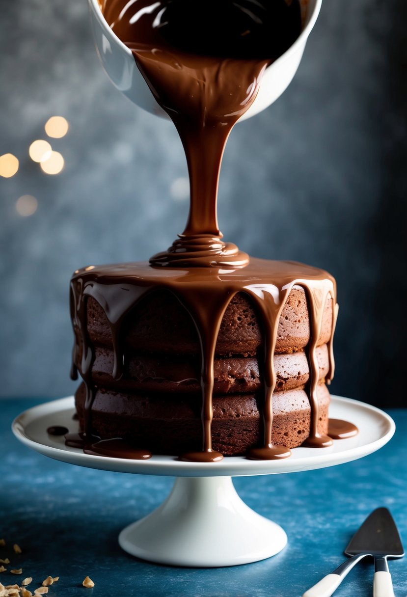 A glossy chocolate ganache being poured over a cake, creating a smooth and decadent finish