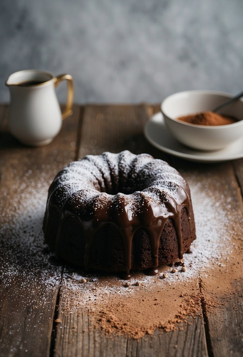 A rich, gooey Swedish chocolate cake sits on a rustic wooden table, surrounded by scattered cocoa powder and a dusting of powdered sugar