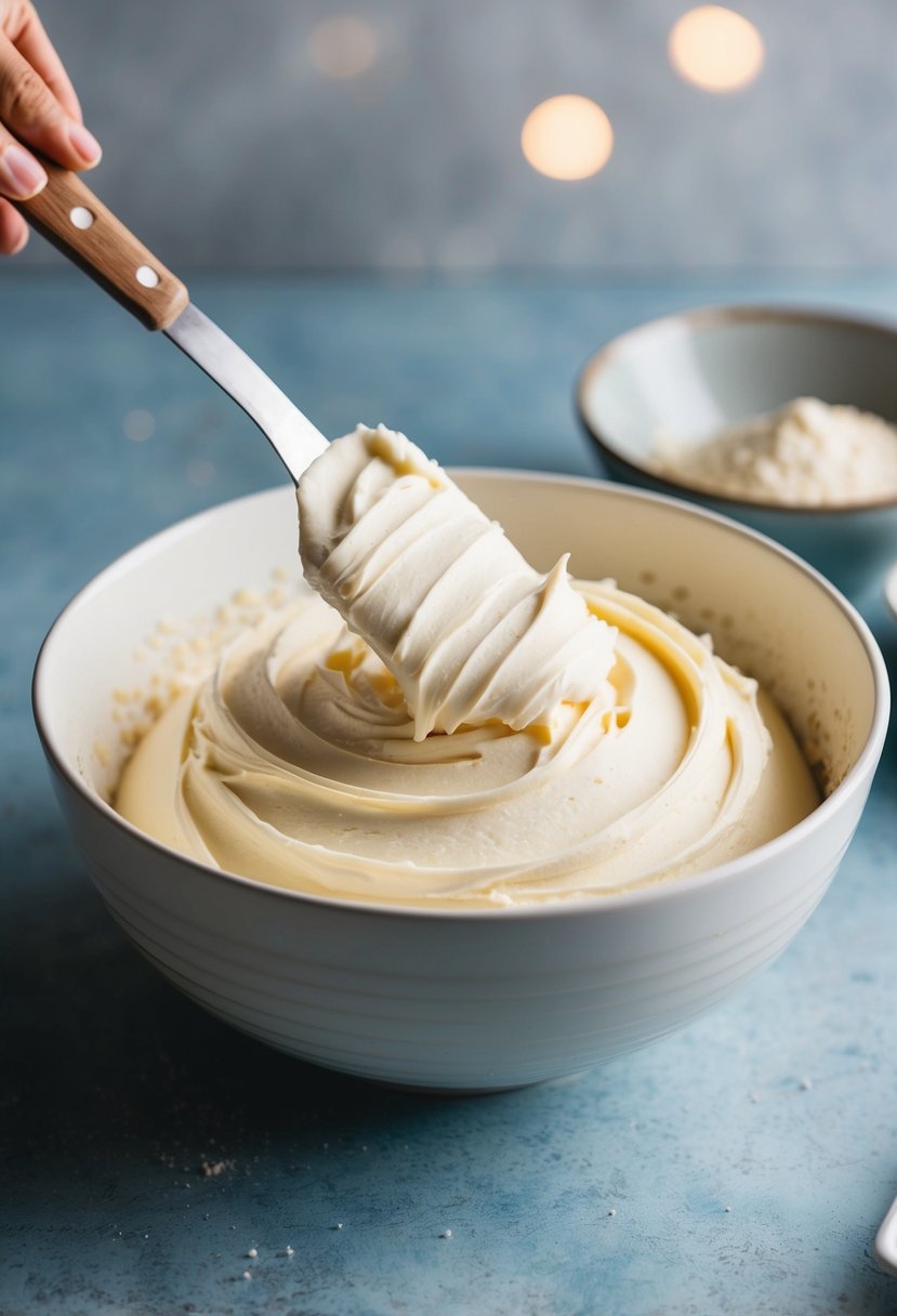 A bowl of creamy frosting being spread on a cake with a spatula