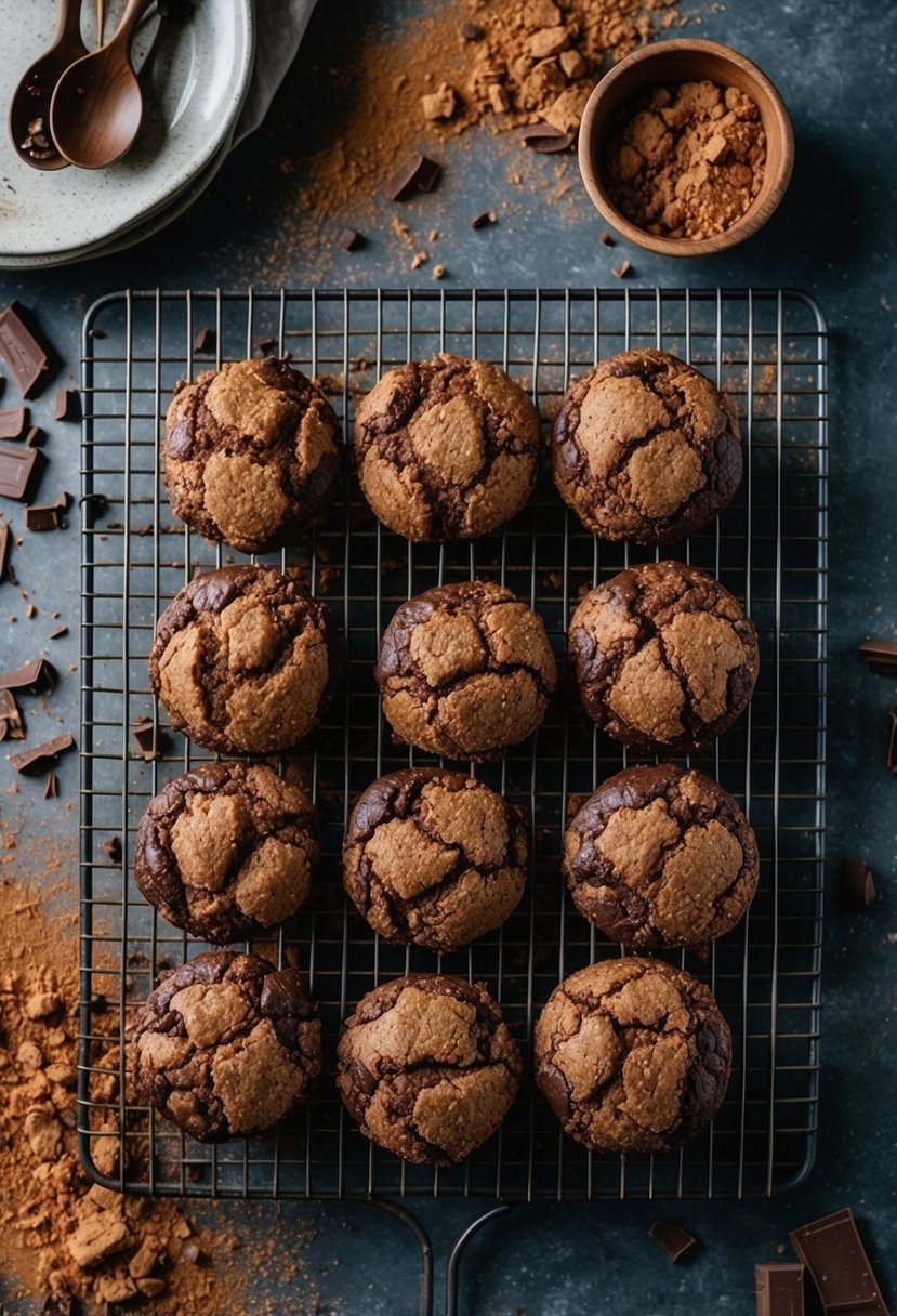 A rustic kitchen counter with a tray of freshly baked chocolate cobblers cooling on a wire rack, surrounded by scattered cocoa powder and chocolate shavings