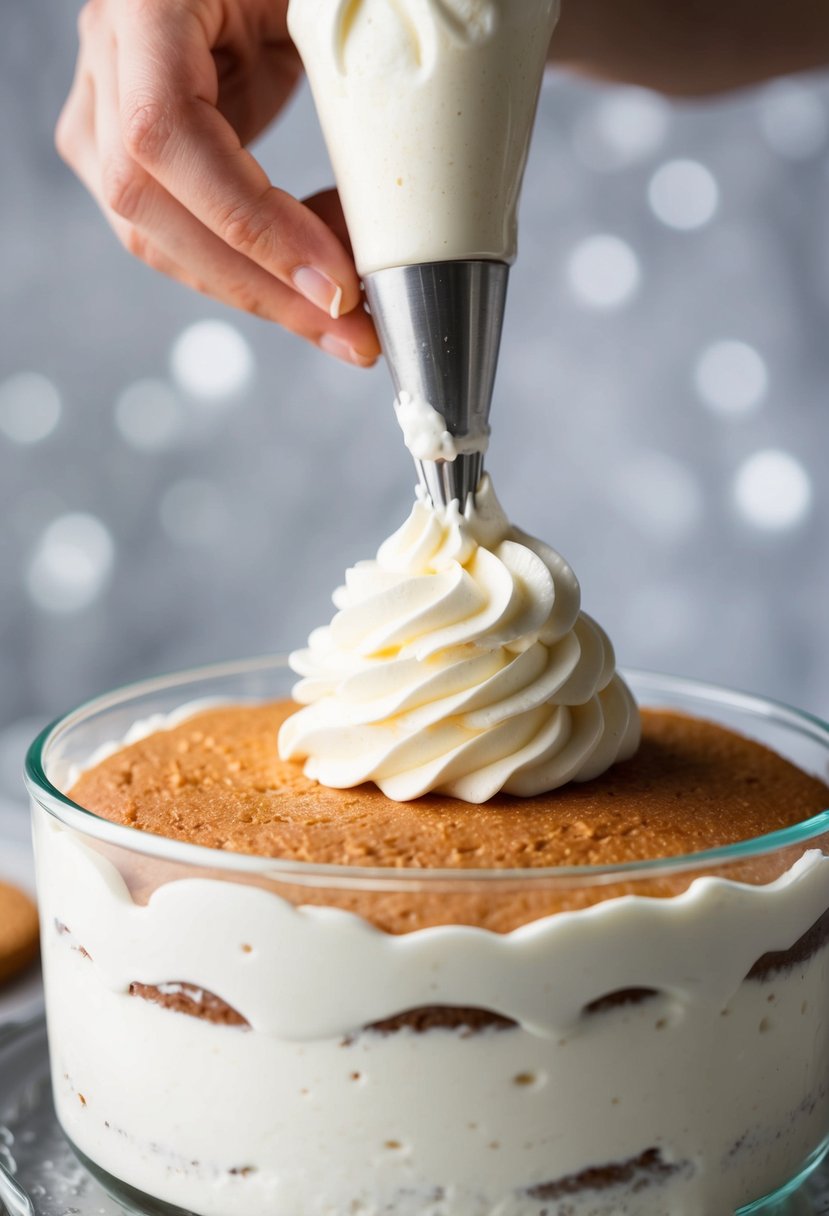 A bowl of fluffy mascarpone whipped cream being piped onto a cake