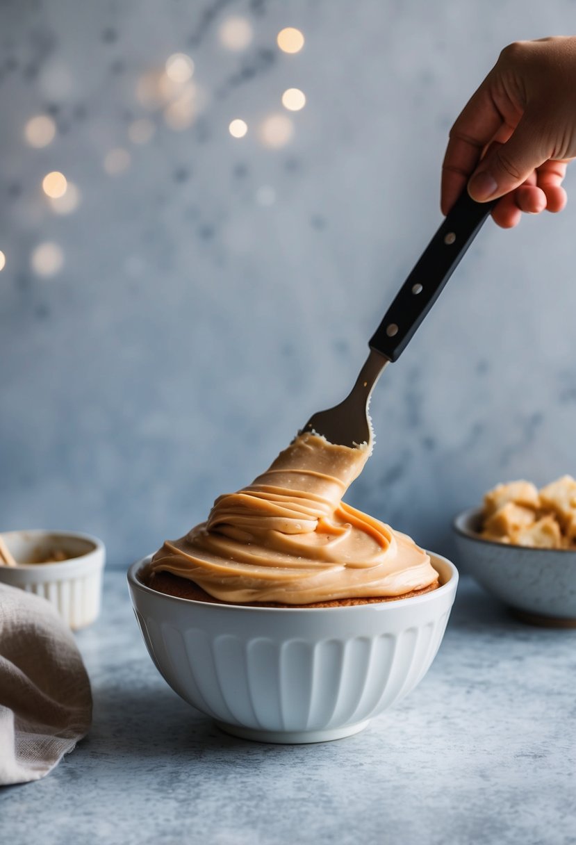 A bowl of creamy salted caramel frosting being spread onto a cake with a spatula