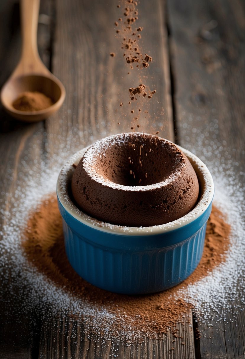 A decadent chocolate soufflé rising in a ramekin, surrounded by cocoa powder and a dusting of powdered sugar on a rustic wooden table