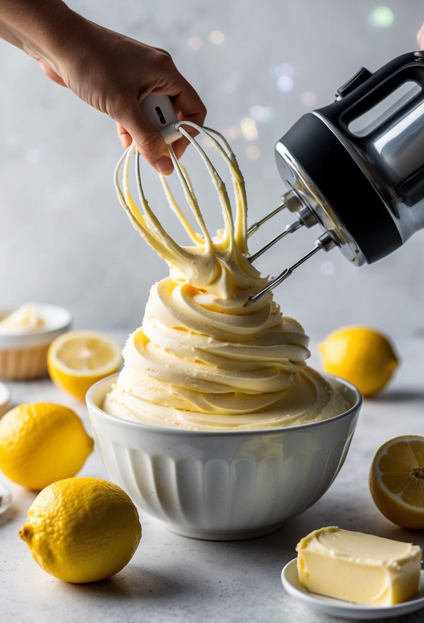 A bowl of tangy lemon buttercream frosting being whipped with an electric mixer, surrounded by fresh lemons and a dollop of butter