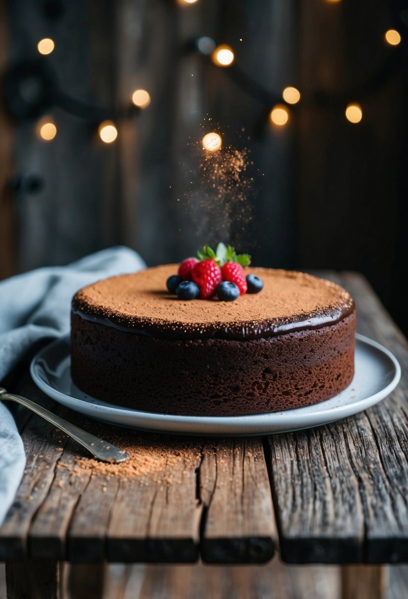 A decadent flourless chocolate cake sits on a rustic wooden table, topped with a dusting of cocoa powder and a few fresh berries